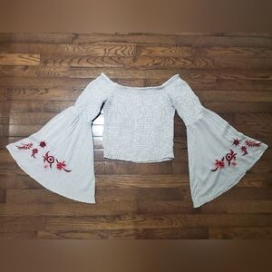 Guess Sheered gray & white Off the shoulder Crop Top with Bell Sleeves size S